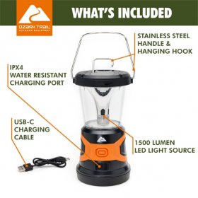 Ozark Trail 1500 Lumens LED Hybrid Power Lantern with Rechargeable Battery and Power Cord,Black