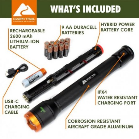 Ozark Trail 2600 Lumen LED Hybrid Power Flashlight with Alkaline Batteries and Rechargeable Battery